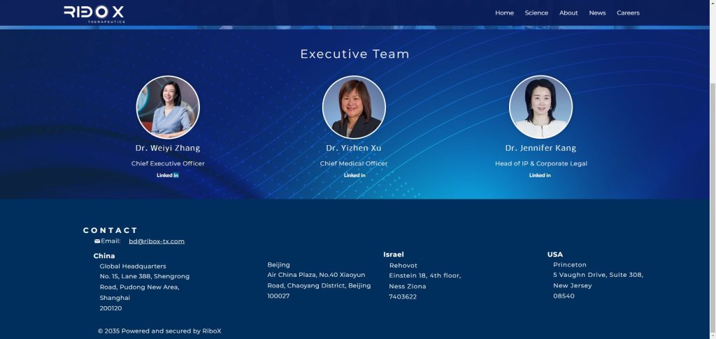 About RiboX
Executive Team

Dr. Weiyi Zhang
Chief Executive Officer

Dr. Yizhen Xu
Chief Medical Officer

Dr. Jennifer Kang
Head of IP & Corporate Legal